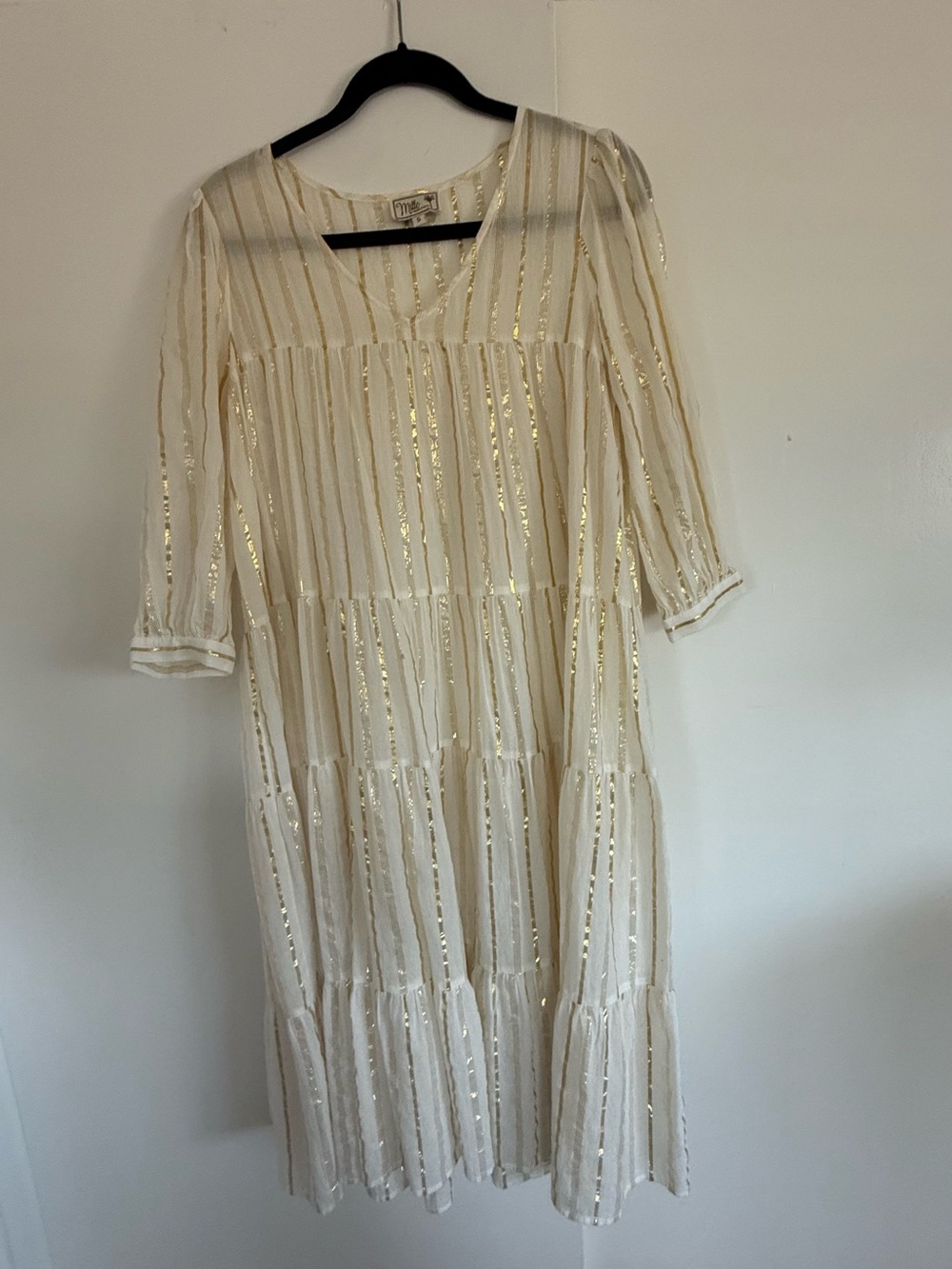 MIllie Resort and Travel Dress Ivory & Gold Striped Tiered Women's Dress -Small